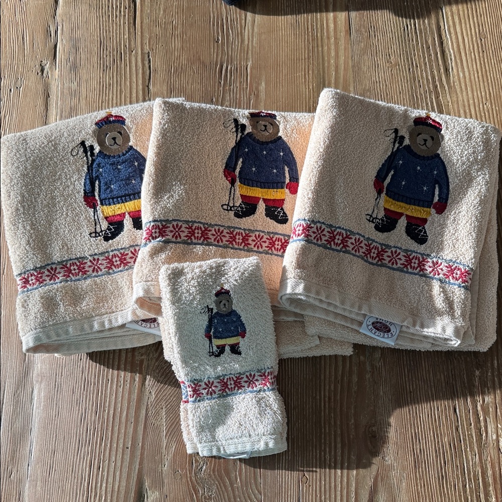3 cotton Cozy Ski Bear Embroidered Bath Towels and 1 wash cloth - Cream